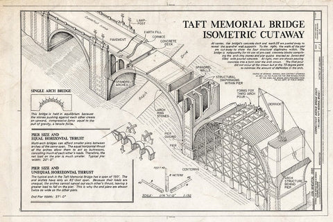 Blueprint TAFT Memorial Bridge, Isometric Cutaway - Connecticut Avenue Bridge, Spans Rock Creek & Potomac Parkway at Connecticut Avenue, Washington, District of Columbia, DC