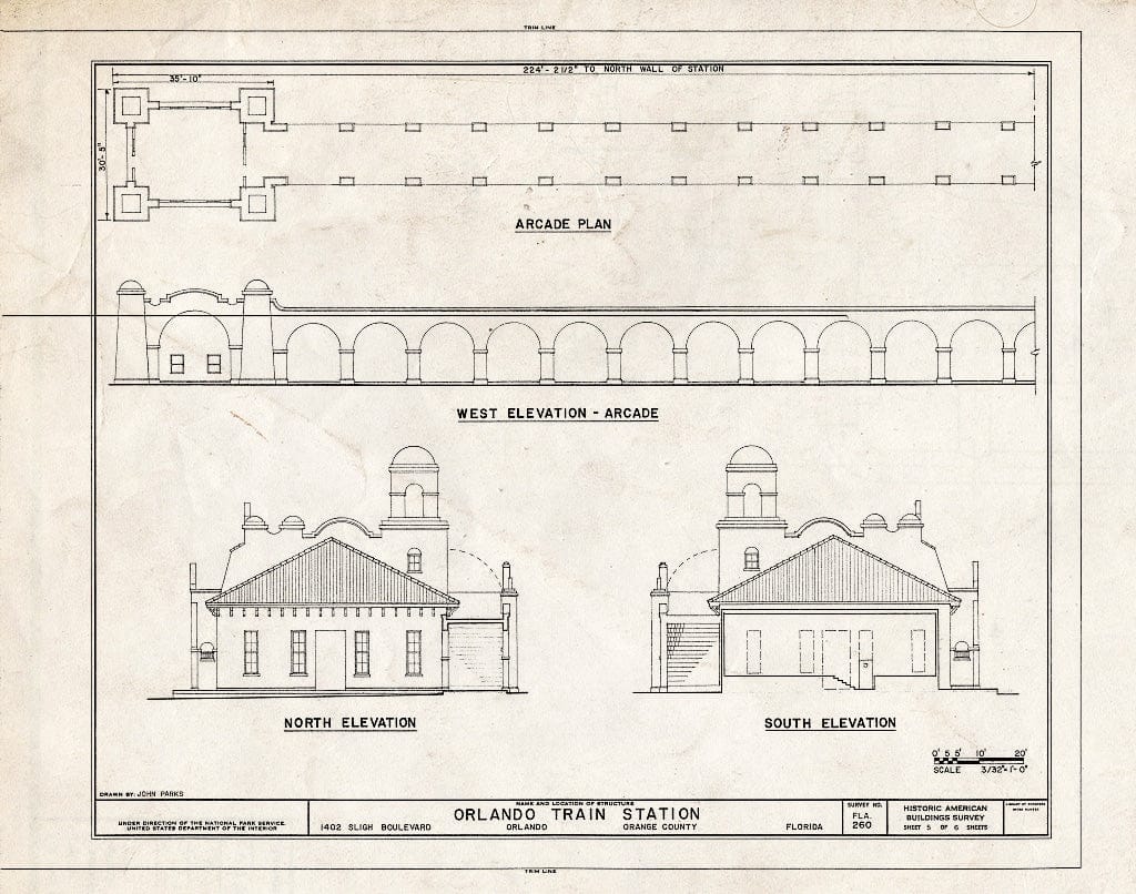 Blueprint Arcade Plan, West Elevation - Arcade, North & South Elevations - Atlantic Coastline Railroad Station, 1402 Sligh Boulevard, Orlando, Orange County, FL