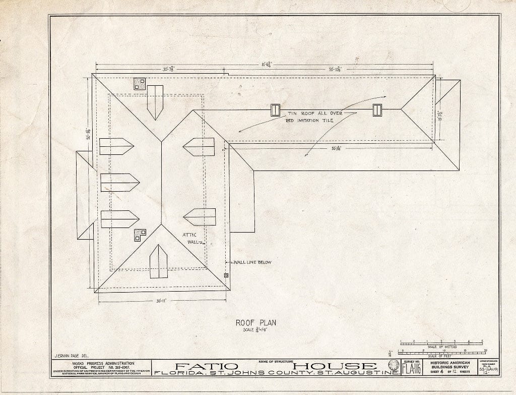 Blueprint 4. Roof Plan - Ximenez-Fatio House, 22 Aviles Street, Saint Augustine, St. Johns County, FL
