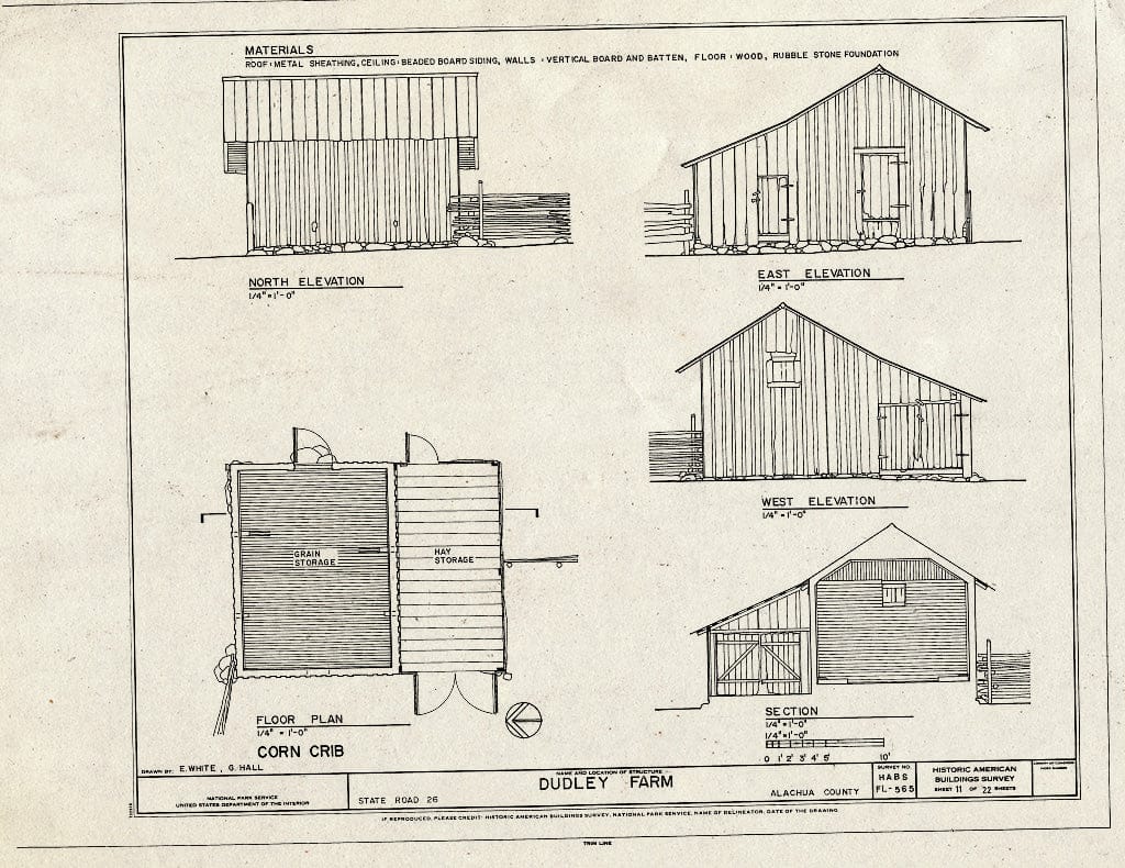 Blueprint Corn Crib Elevations, Floor Plan & Section Dudley Farm