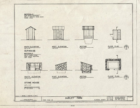 Blueprint Stonehouse & Outhouse - Elevations, Floor Plans & Sections - Dudley Farm, Farmhouse & Outbuildings, 18730 West Newberry Road, Newberry, Alachua County, FL
