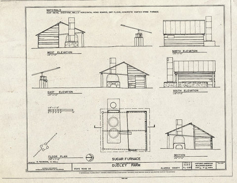 Blueprint Sugar Furnace - Elevations, Floor Plan & Section - Dudley Farm, Farmhouse & Outbuildings, 18730 West Newberry Road, Newberry, Alachua County, FL