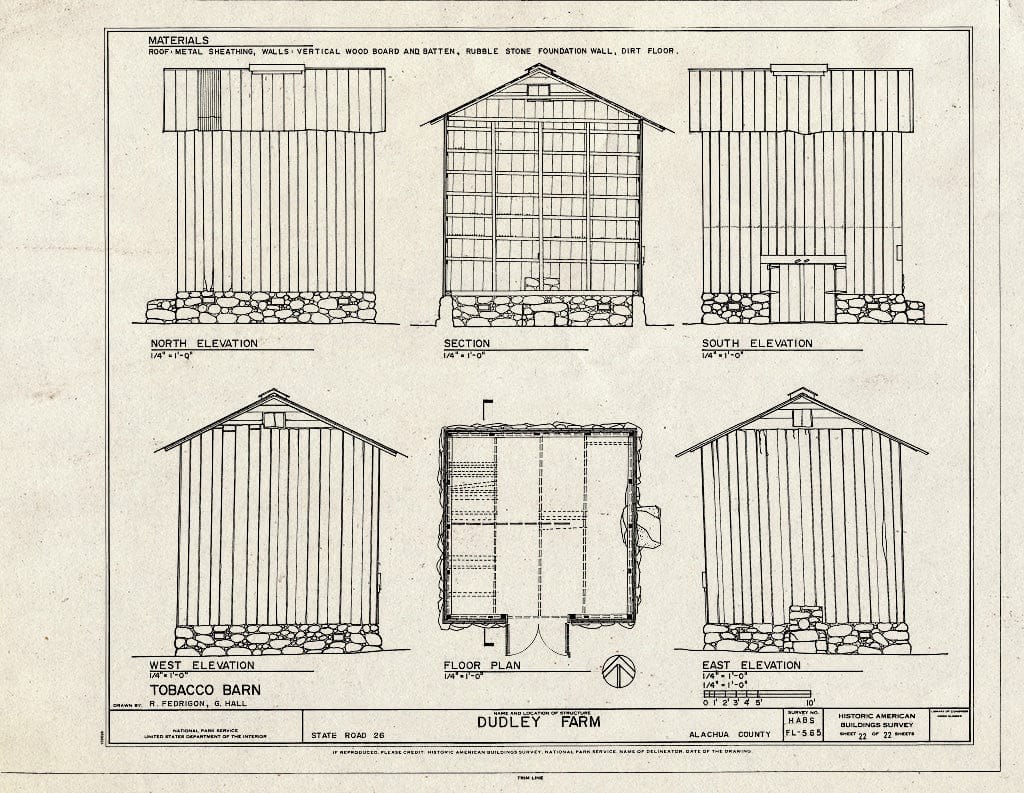 Blueprint Tobacco Barn - Elevations Floor Plan & Section - Dudley Farm, Farmhouse & Outbuildings, 18730 West Newberry Road, Newberry, Alachua County, FL