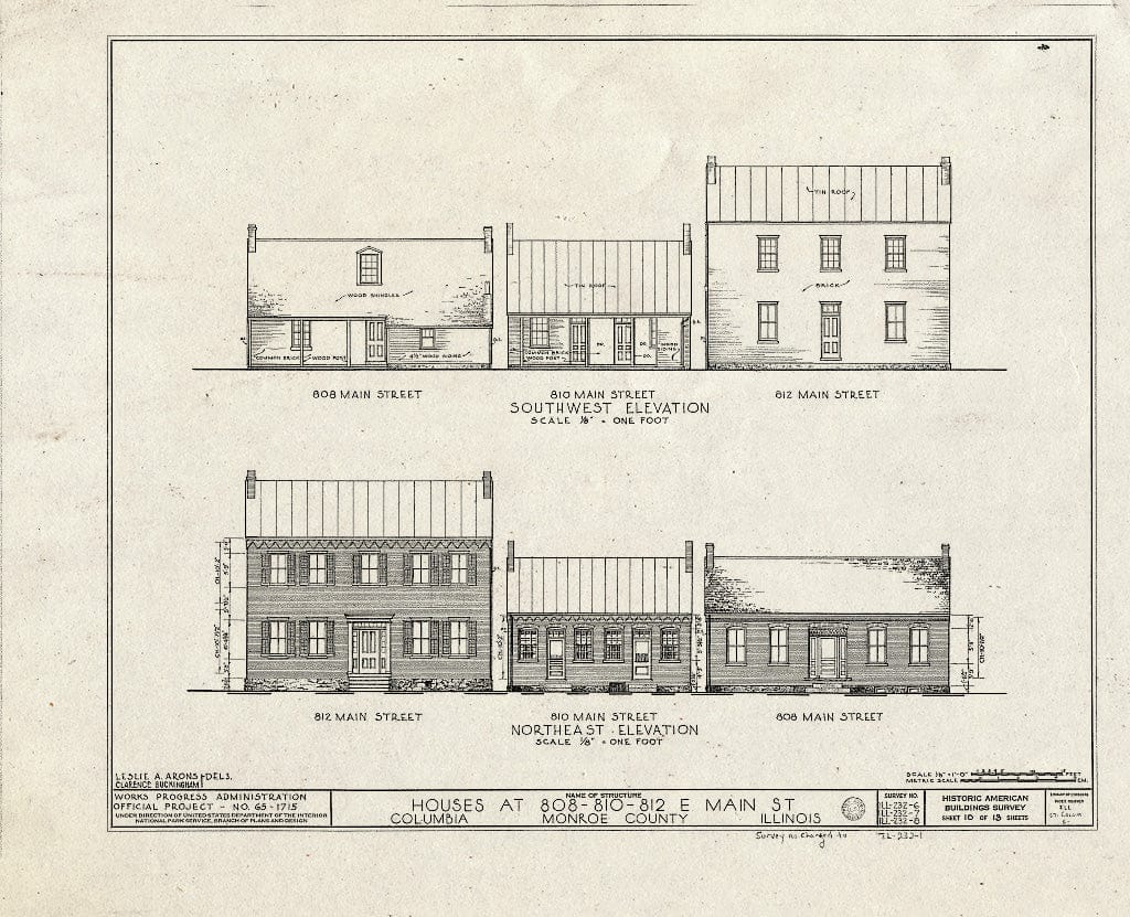 Blueprint 10. 808, 810, and 812 Main Street: Front and Rear elevations - Emelie Grosse House, Columbia, Monroe County, IL