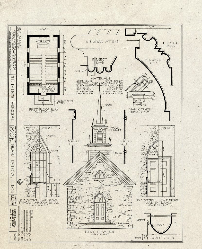 Blueprint HABS Ill,71-Grad,1- (Sheet 1 of 1) - St. Peter's Episcopal Church, Rock & Main Streets, Grand Detour, Ogle County, IL