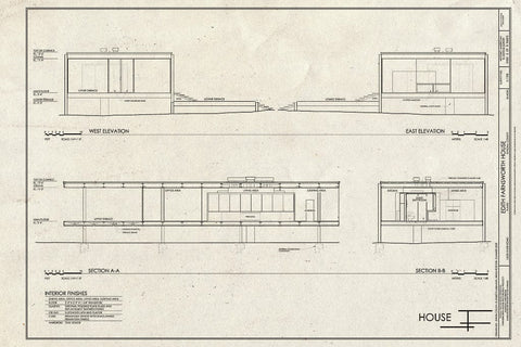 Blueprint West & East Elevations and Sections - Edith Farnsworth House, 14520 River Road, Plano, Kendall County, IL