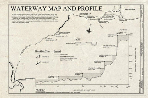 Blueprint Waterway Map and Profile - Illinois Waterway, U.S. Army Corps of Engineers, Rock Island District, Rock Island, Rock Island County, IL