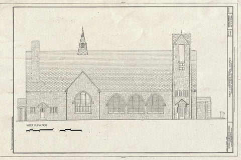 Blueprint West Elevation - First Congregational Church, 1106 Chestnut Street, Western Springs, Cook County, IL