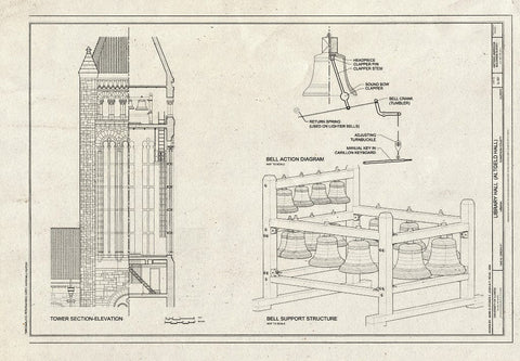 Blueprint Tower Section-Elevation, and Bell Support Structure and Action Diagram - Library Hall, 1409 West Green Street, Urbana, Champaign County, IL