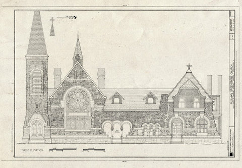 Blueprint West Elevation - Pullman Greenstone Church, 11211 South St. Lawrence Avenue, Chicago, Cook County, IL
