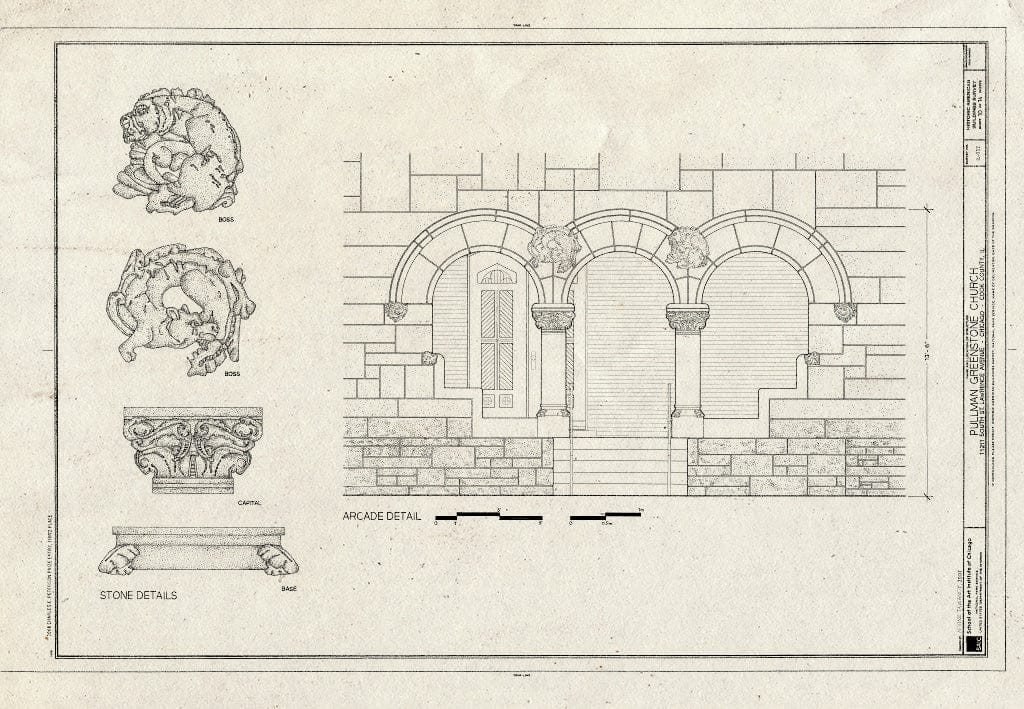 Blueprint Arcade Detail and Stone Details - Pullman Greenstone Church, 11211 South St. Lawrence Avenue, Chicago, Cook County, IL