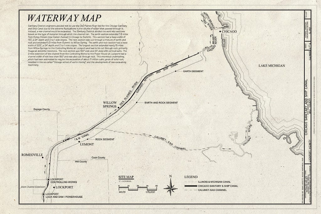 Blueprint Waterway Map - Chicago Sanitary and Ship Canal, Extends 33.9 Miles from Chicago to Lockport, Chicago, Cook County, IL