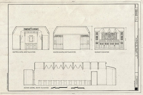 Blueprint Winter Chapel West, East, and South Elevations and Sacristy Elevation - St. Thomas The Apostle Church, 5472 South Kimbark Avenue, Chicago, Cook County, IL
