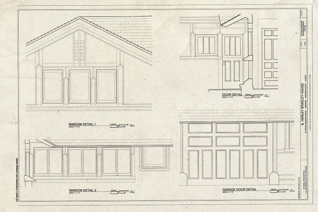 Blueprint Window Details, Door Detail, and Garage Door Detail - B. Harley Bradley House, 701 South Harrison Avenue, Kankakee, Kankakee County, IL