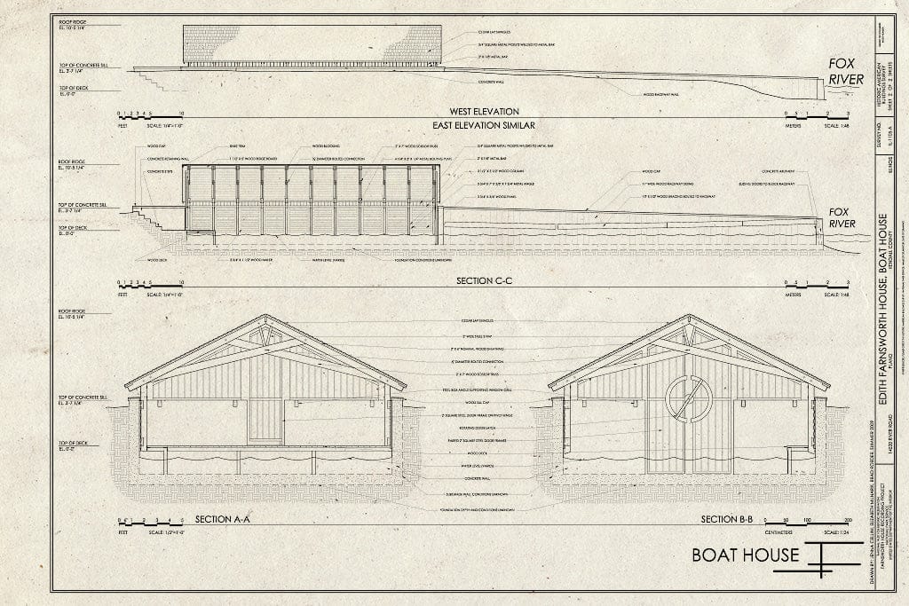 Blueprint West Elevation and Sections - Edith Farnsworth House, Boat House, 14520 River Road, Plano, Kendall County, IL