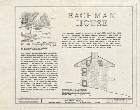 Blueprint Title Page, Southeast Elevation, Location Map - Bachman House, Lonesome Hollow, Madison, Jefferson County, in