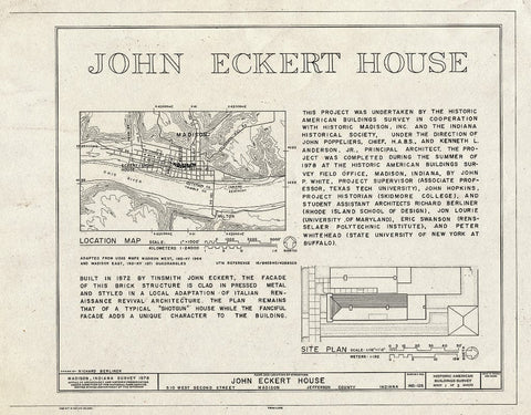 Blueprint Title Page, Site Plan, Location Map - John Eckert House, 510 West Second Street, Madison, Jefferson County, in