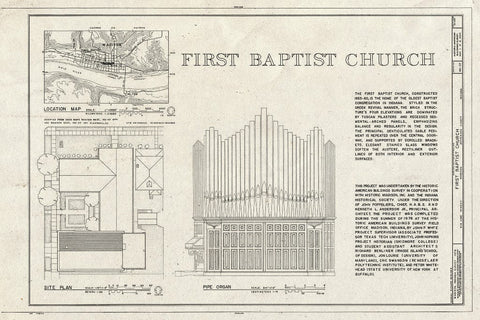 Blueprint Title Page, Site Plan, Location Map, Pipe Organ - First Baptist Church, 416 Vine Street, Madison, Jefferson County, in