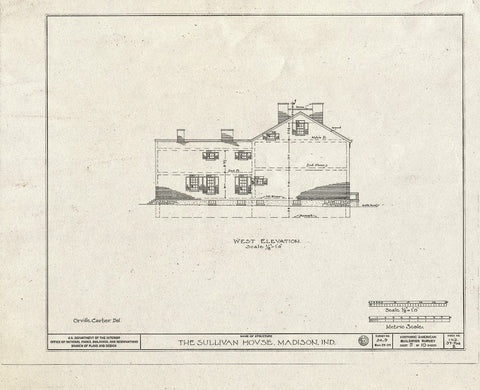 Blueprint West Elevation - Judge Jeremiah Sullivan House, 304 West Second Street, Madison, Jefferson County, in