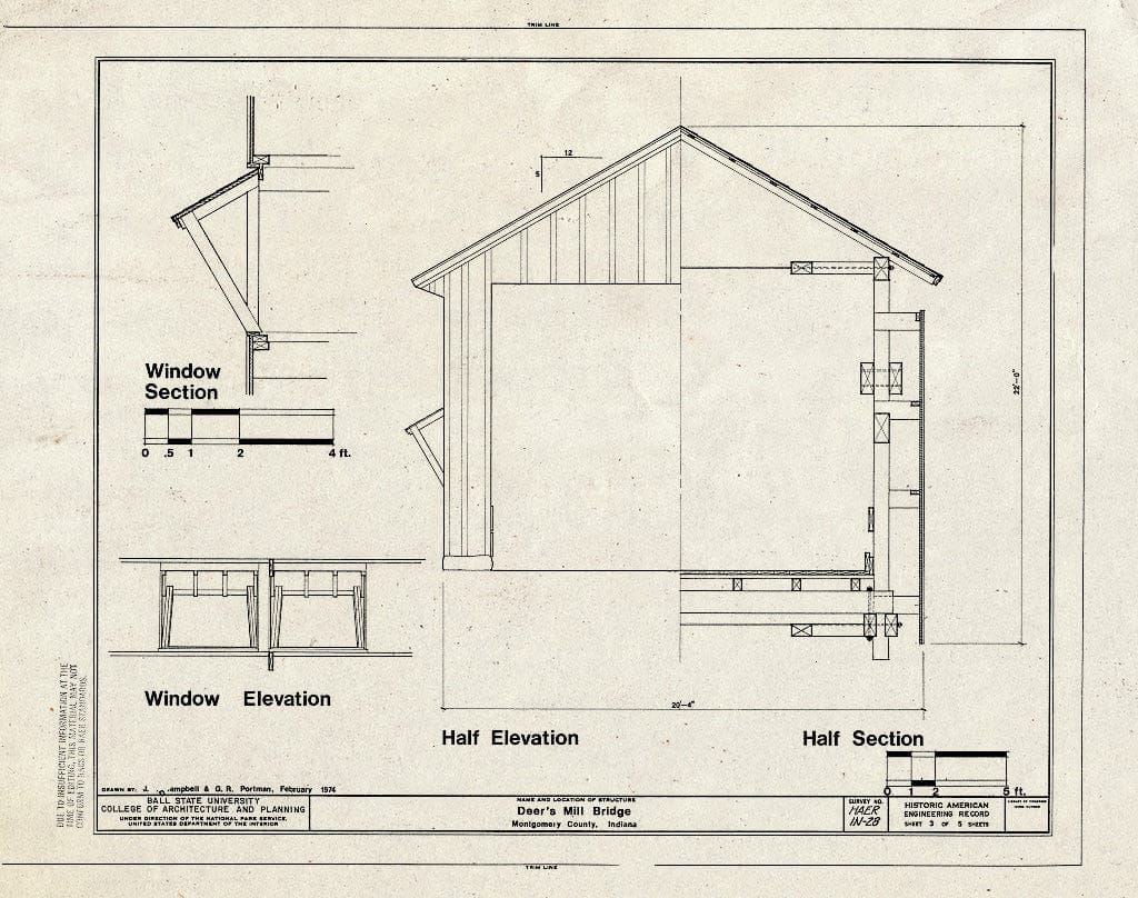 Blueprint Window Section, Window Elevation, Half Elevation, Half Section - Deer's Mill Covered Bridge, Spanning Sugar Creek at Highway 234, Alamo, Montgomery County, in