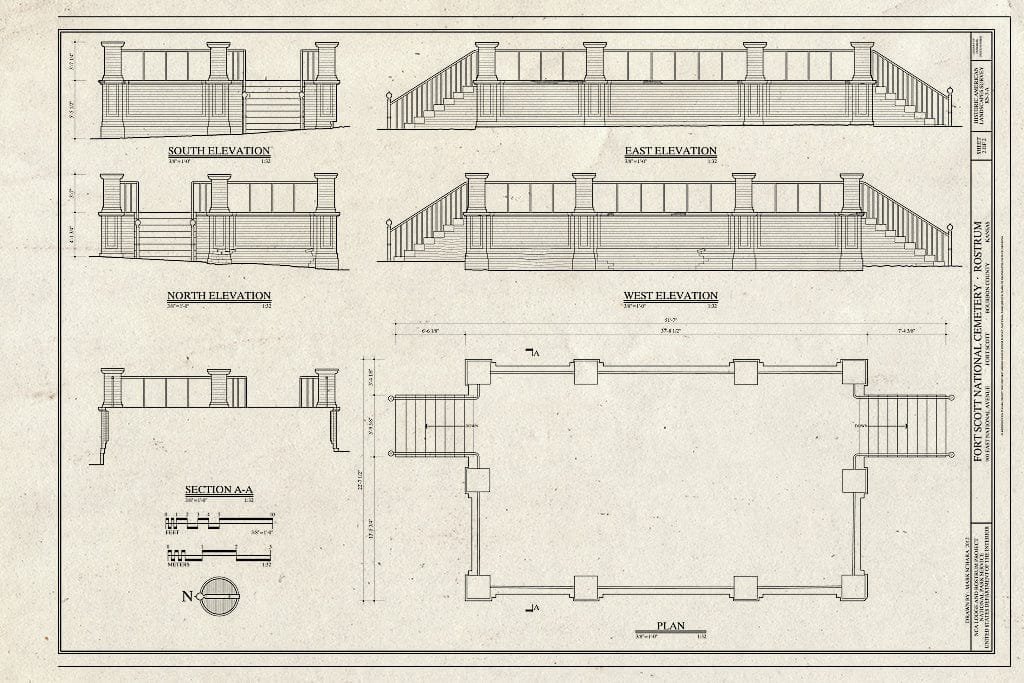 Blueprint 2. Elevations, Plan, and Section - Fort Scott National Cemetery, Rostrum, 900 East National Avenue, Fort Scott, Bourbon County, KS