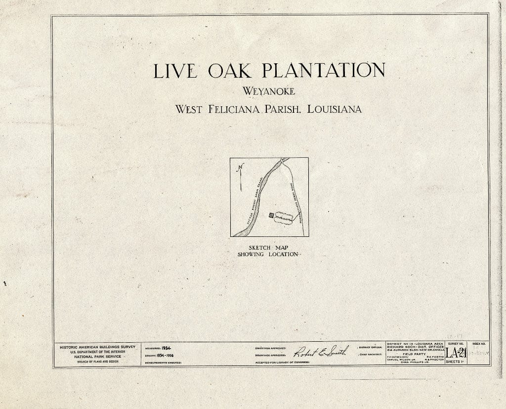 Blueprint HABS LA,63-WEY.V,1- (Sheet 0 of 14) - Live Oak Plantation House, Between Weyanoke & Bains, Weyanoke, West Feliciana Parish, LA