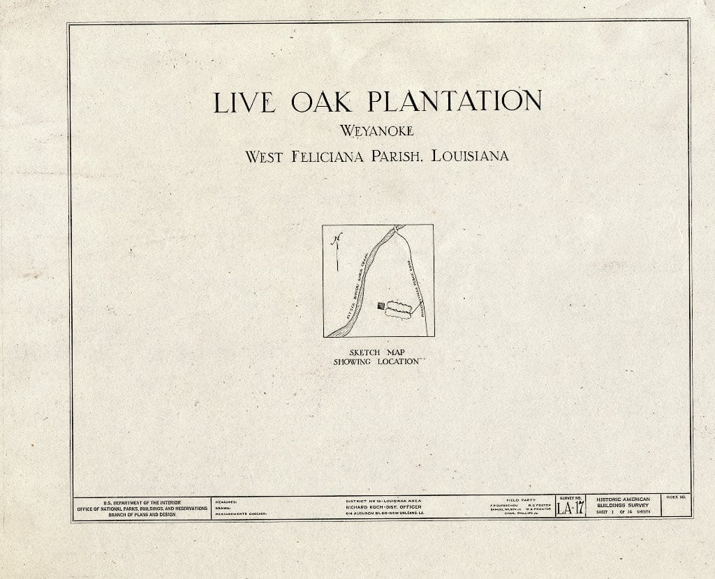 Blueprint HABS LA,63-WEY.V,1- (Sheet 1 of 14) - Live Oak Plantation House, Between Weyanoke & Bains, Weyanoke, West Feliciana Parish, LA