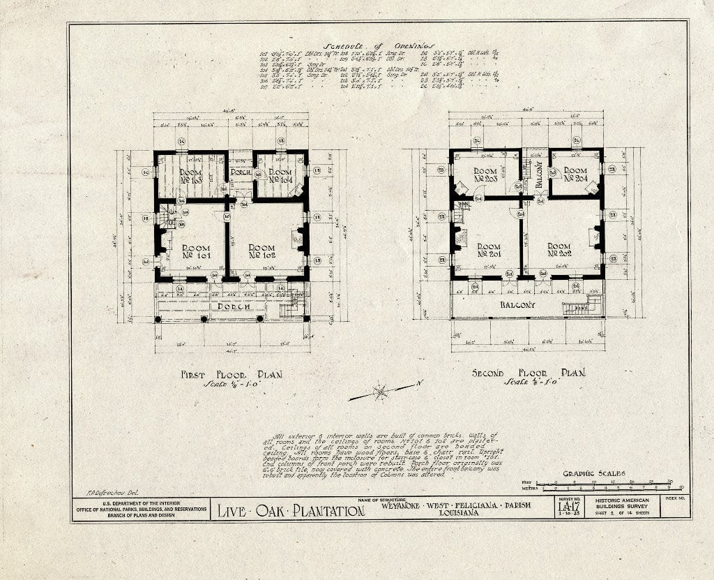Blueprint HABS LA,63-WEY.V,1- (Sheet 2 of 14) - Live Oak Plantation House, Between Weyanoke & Bains, Weyanoke, West Feliciana Parish, LA