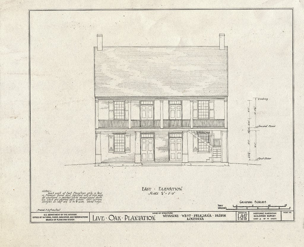 Blueprint HABS LA,63-WEY.V,1- (Sheet 3 of 14) - Live Oak Plantation House, Between Weyanoke & Bains, Weyanoke, West Feliciana Parish, LA