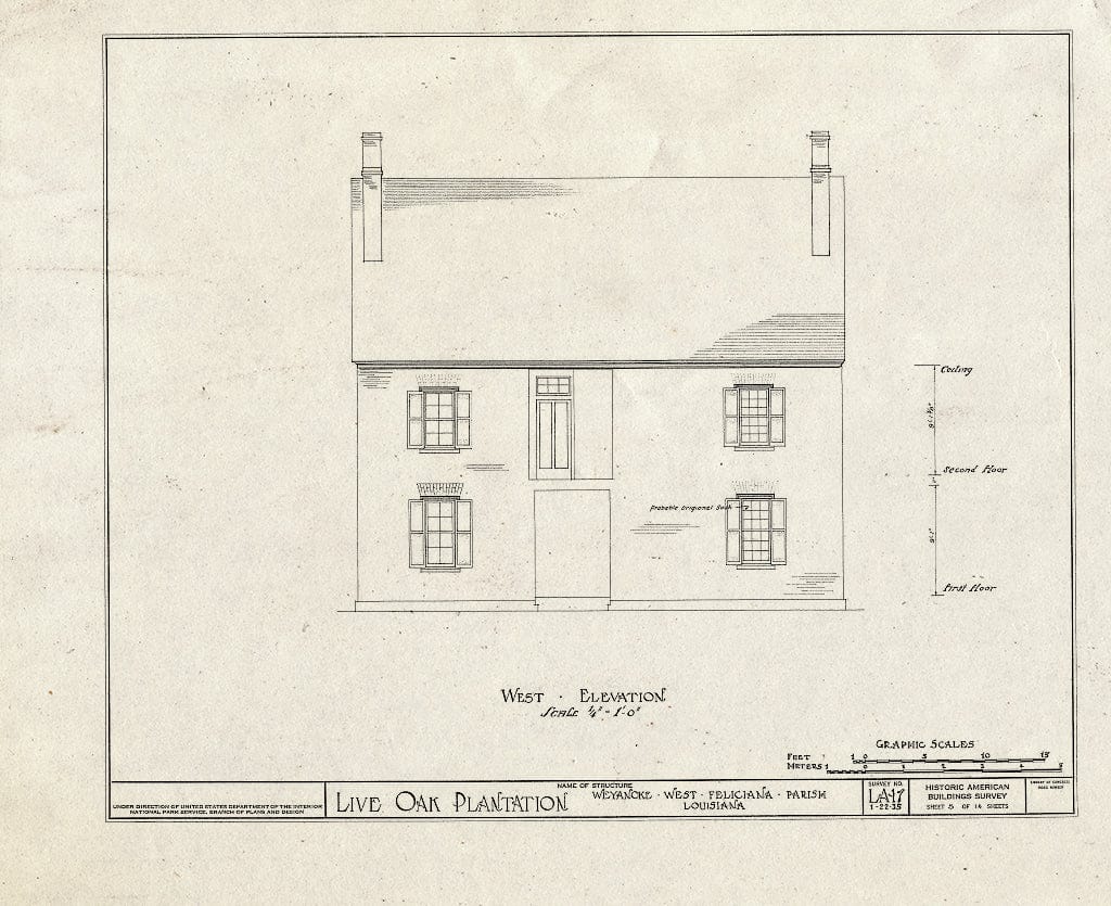 Blueprint HABS LA,63-WEY.V,1- (Sheet 5 of 14) - Live Oak Plantation House, Between Weyanoke & Bains, Weyanoke, West Feliciana Parish, LA