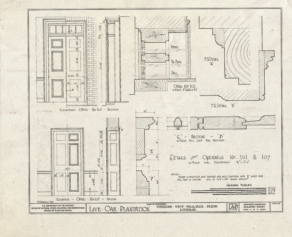 Blueprint HABS LA,63-WEY.V,1- (Sheet 10 of 14) - Live Oak Plantation House, Between Weyanoke & Bains, Weyanoke, West Feliciana Parish, LA