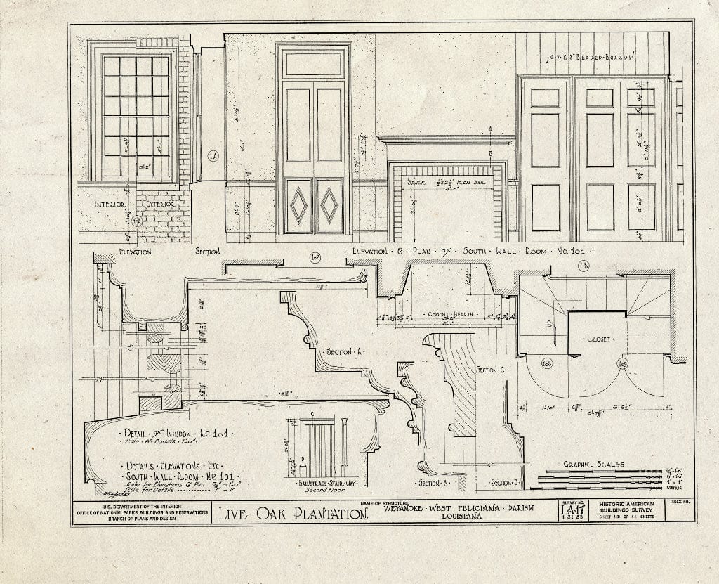 Blueprint HABS LA,63-WEY.V,1- (Sheet 13 of 14) - Live Oak Plantation House, Between Weyanoke & Bains, Weyanoke, West Feliciana Parish, LA