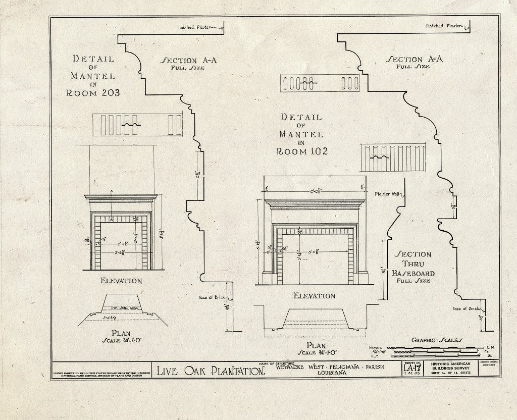 Blueprint HABS LA,63-WEY.V,1- (Sheet 14 of 14) - Live Oak Plantation House, Between Weyanoke & Bains, Weyanoke, West Feliciana Parish, LA