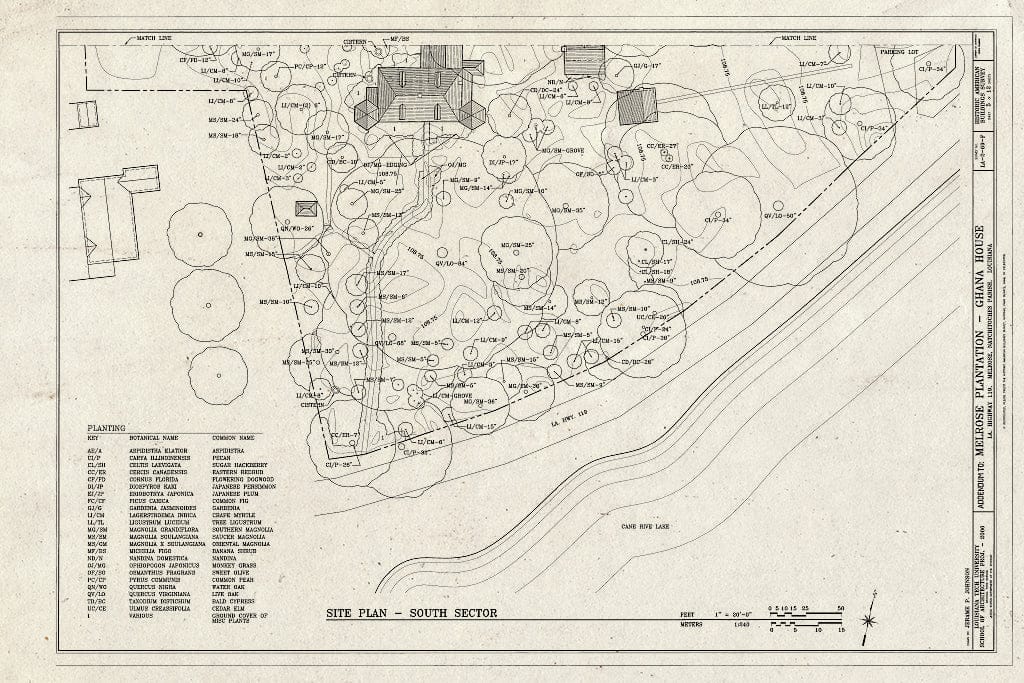 Blueprint Site Plan - South Sector - Melrose Plantation, Ghana House, State Highway 119, Melrose, Natchitoches Parish, LA
