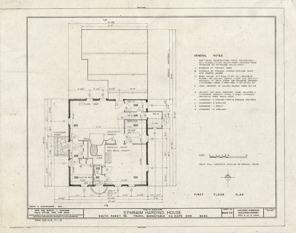 Blueprint 2. First Floor Plan - Ephraim Harding House, South Pamet Road, Truro, Barnstable County, MA
