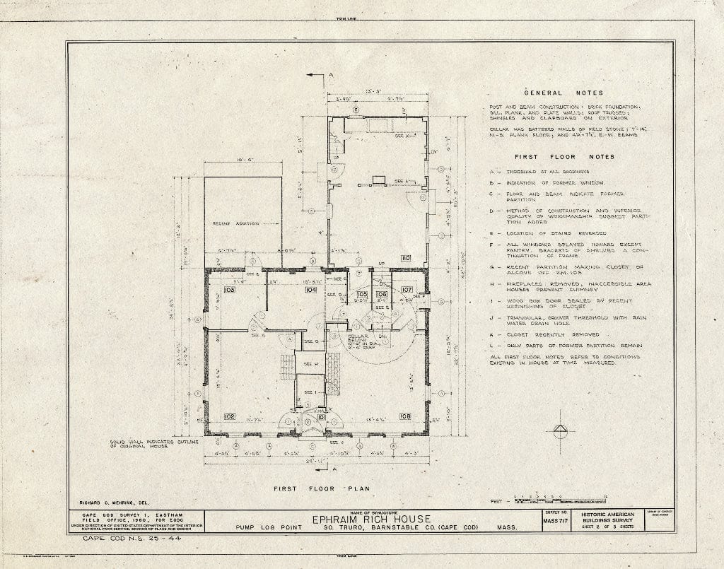 Blueprint 2. First Floor Plan - Ephraim Rich House, Pump Log Point, Truro, Barnstable County, MA