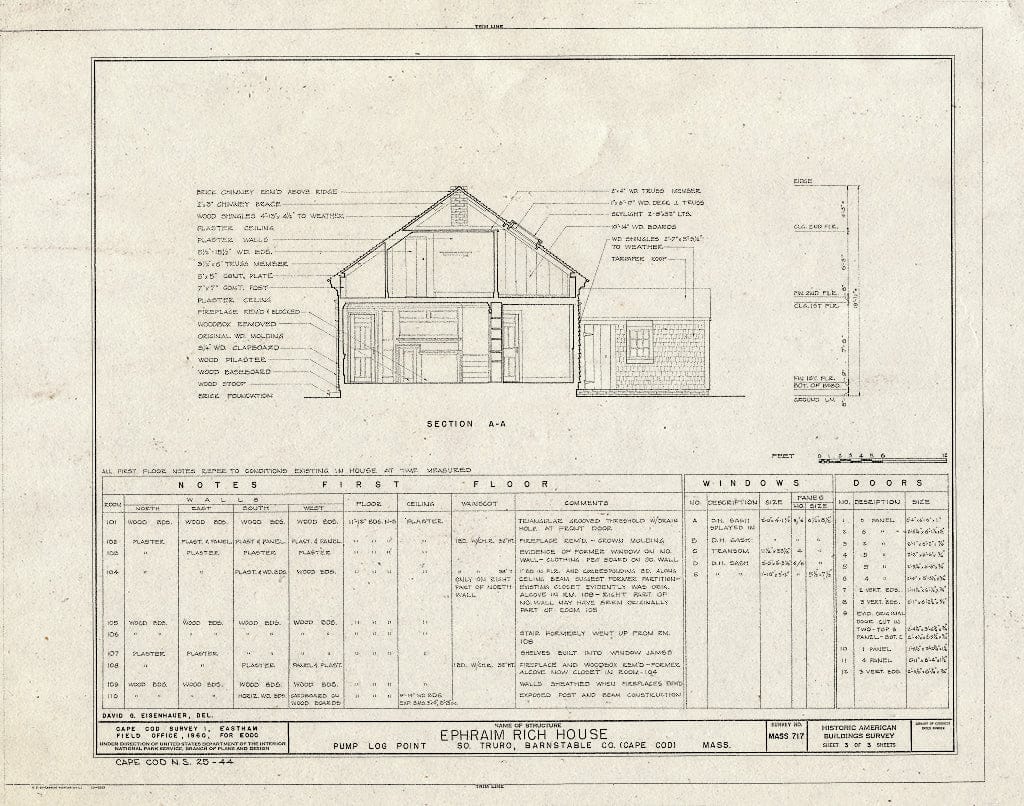 Blueprint 3. Section A-A - Ephraim Rich House, Pump Log Point, Truro, Barnstable County, MA