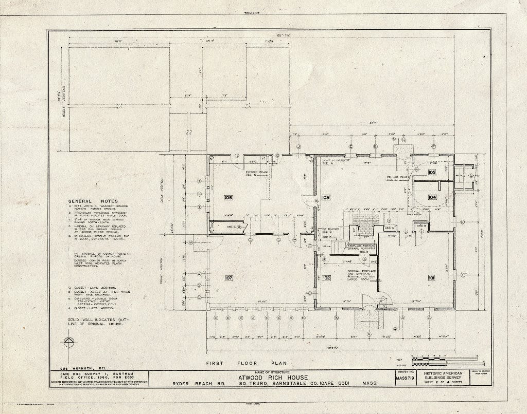 Blueprint 2. First Floor Plan - Atwood Rich House, Ryder Beach Road, Truro, Barnstable County, MA