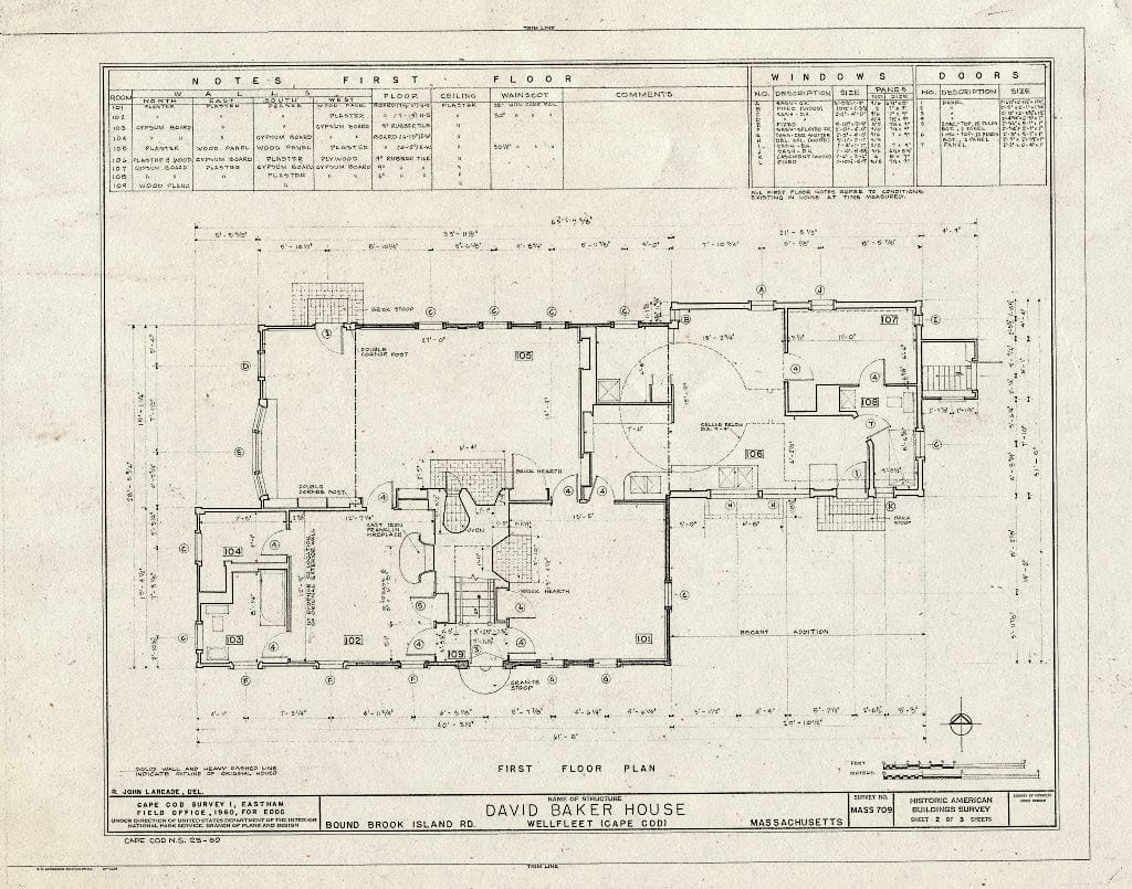 Blueprint 2. First Floor Plan - David Baker House, Bound Brook Island Road, Wellfleet, Barnstable County, MA