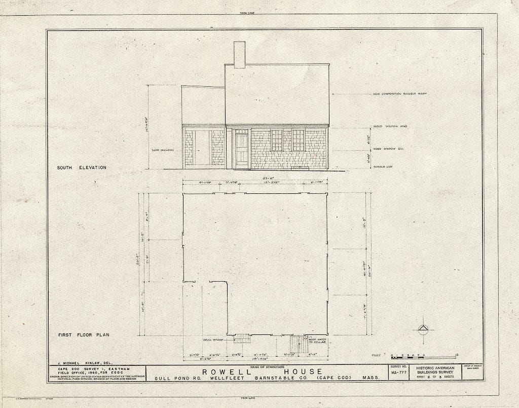 Blueprint 2. South Elevation and First Floor Plan - Rowell House, Gull Pond Road, Wellfleet, Barnstable County, MA