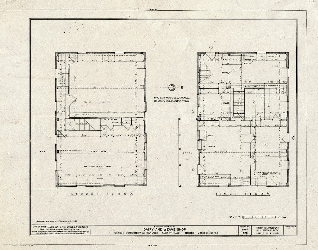 Blueprint 1. First and Second Floor Plans - Shaker Church Family Dairy & Weave Shop, U.S. Route 20, Hancock, Berkshire County, MA