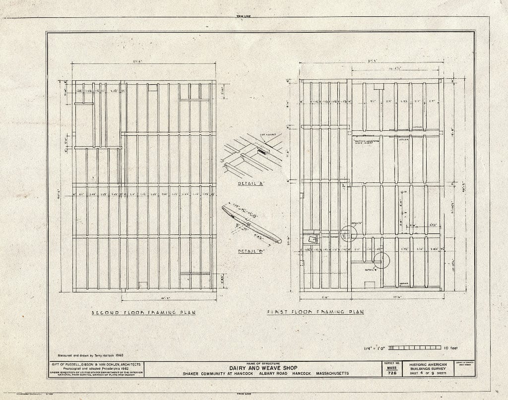 Blueprint 4. First and Second Floor framing Plans - Shaker Church Family Dairy & Weave Shop, U.S. Route 20, Hancock, Berkshire County, MA