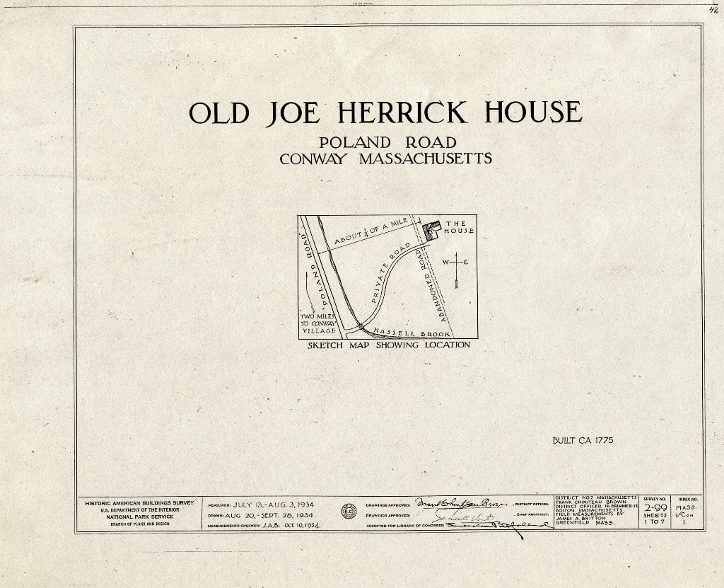 Blueprint HABS Mass,6-CON,1- (Sheet 0 of 7) - Old Joe Herrick House, Poland Road, Conway, Franklin County, MA