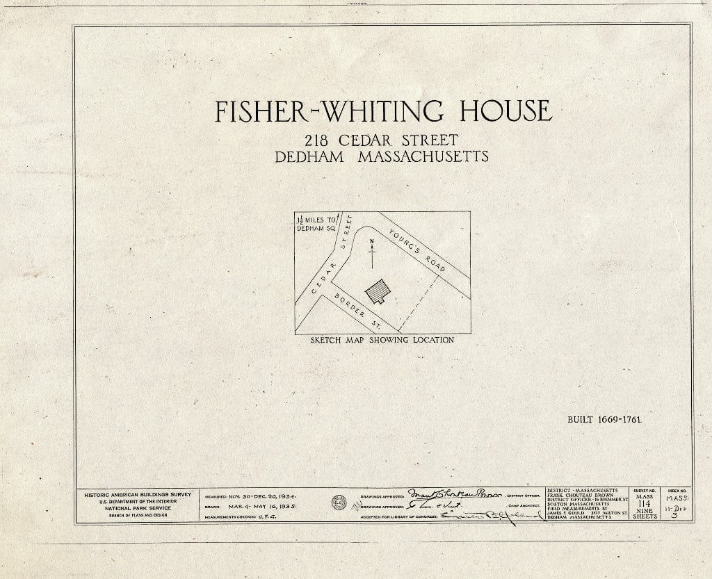 Blueprint HABS Mass,11-DED,3- (Sheet 0 of 9) - Fisher-Whiting House, 218 Cedar Street, Dedham, Norfolk County, MA