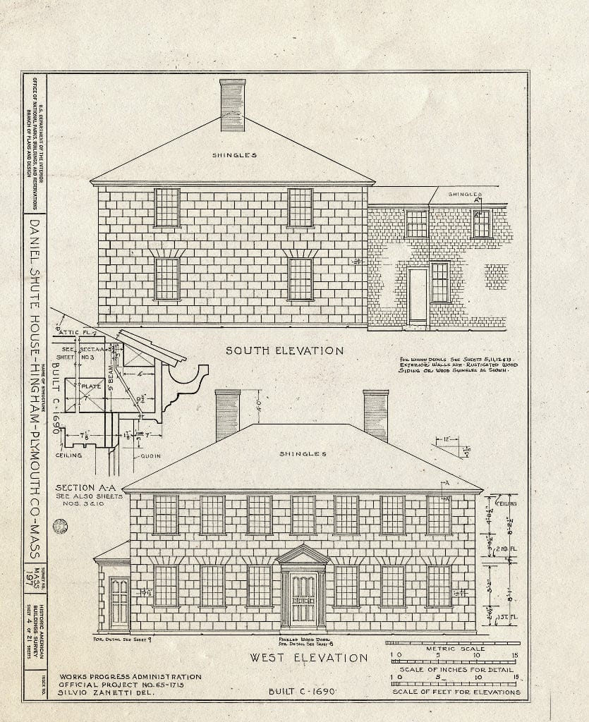 Blueprint HABS Mass,12-Hing,7- (Sheet 4 of 21) - Daniel Shute House, Main & South Pleasant Streets, Hingham, Plymouth County, MA