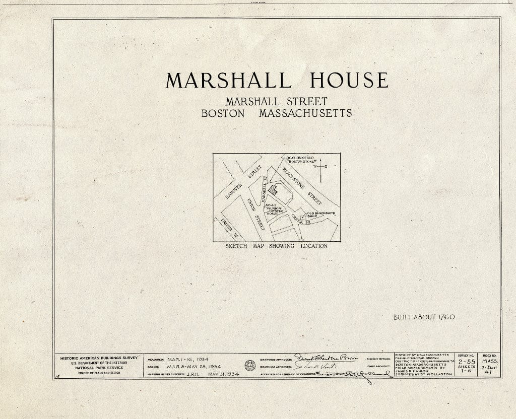 Blueprint HABS Mass,13-BOST,41- (Sheet 0 of 6) - Marshall-Hancock House, 10 Marshall Street, Boston, Suffolk County, MA