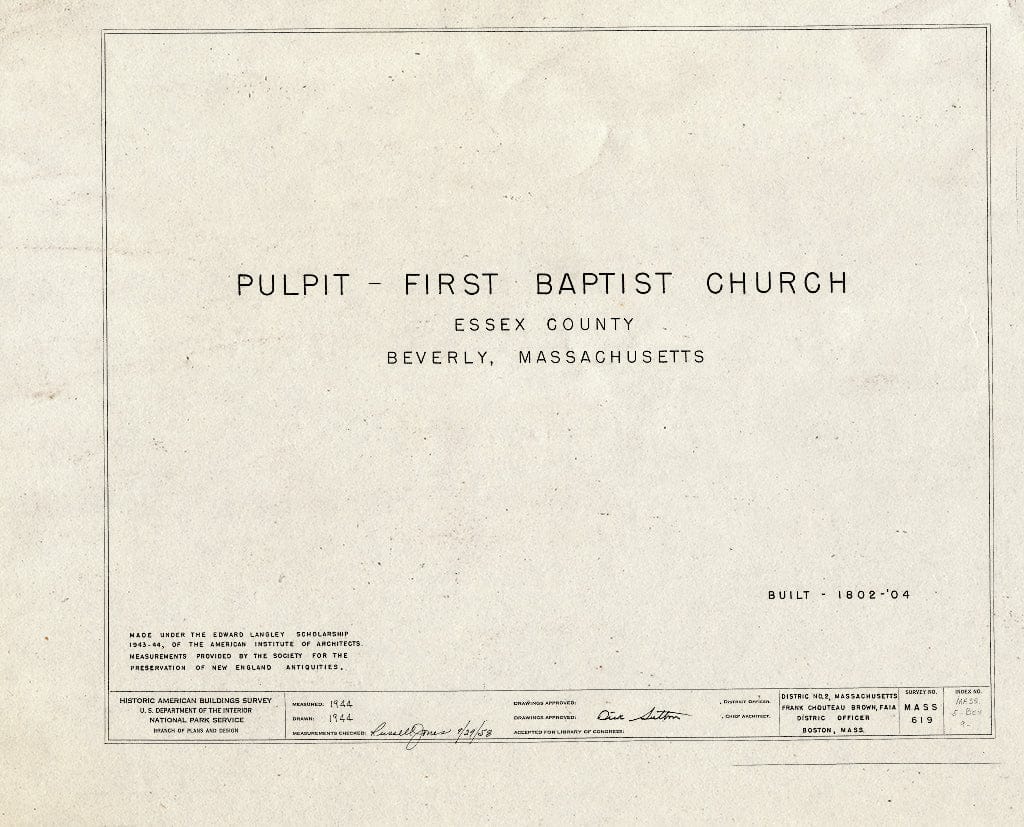 Blueprint HABS Mass,5-BEV,9- (Sheet 0 of 1) - First Baptist Church (Pulpit), Beverly, Essex County, MA