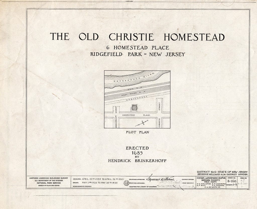 Blueprint HABS NJ,2-RIDGP,1- (Sheet 0 of 9) - Brinkerhoff-Christie-Paulison Homestead, 8 Homestead Place, Ridgefield Park, Bergen County, NJ