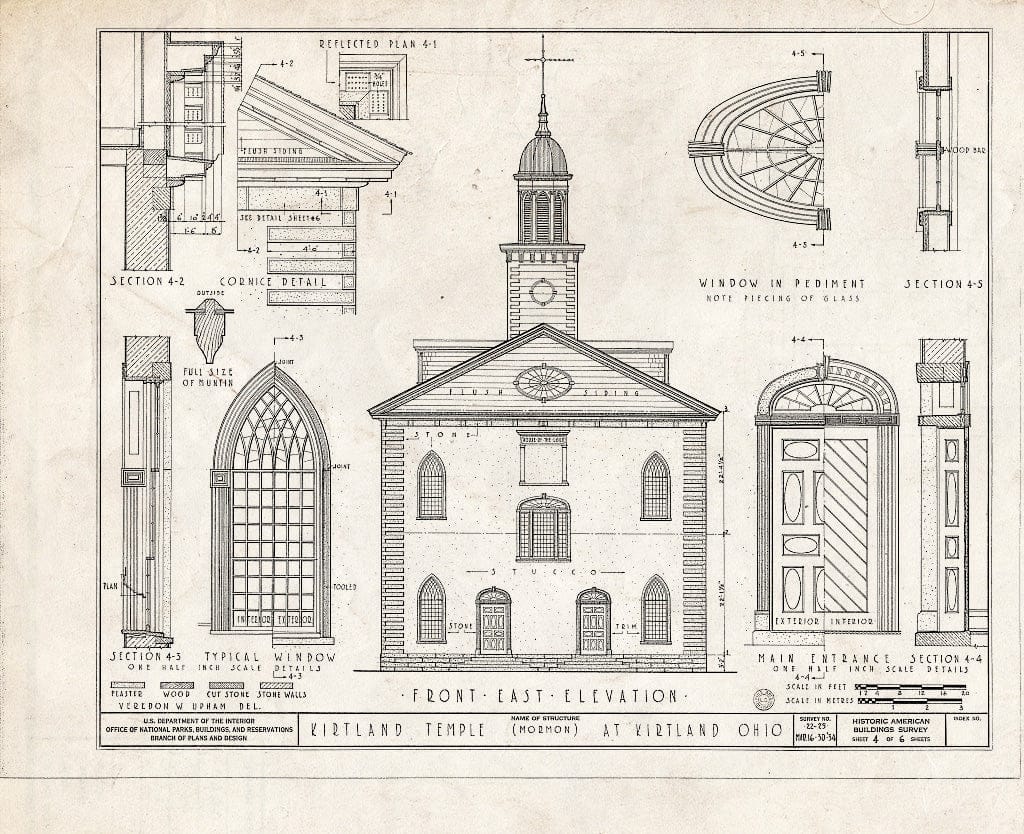 Blueprint Front East Elevation, Sections, Reflected Plans, Details, Windows, Main Entrance - Kirtland Temple (Mormon), 9020 Chillicoth Road, Kirtland, Lake County, OH