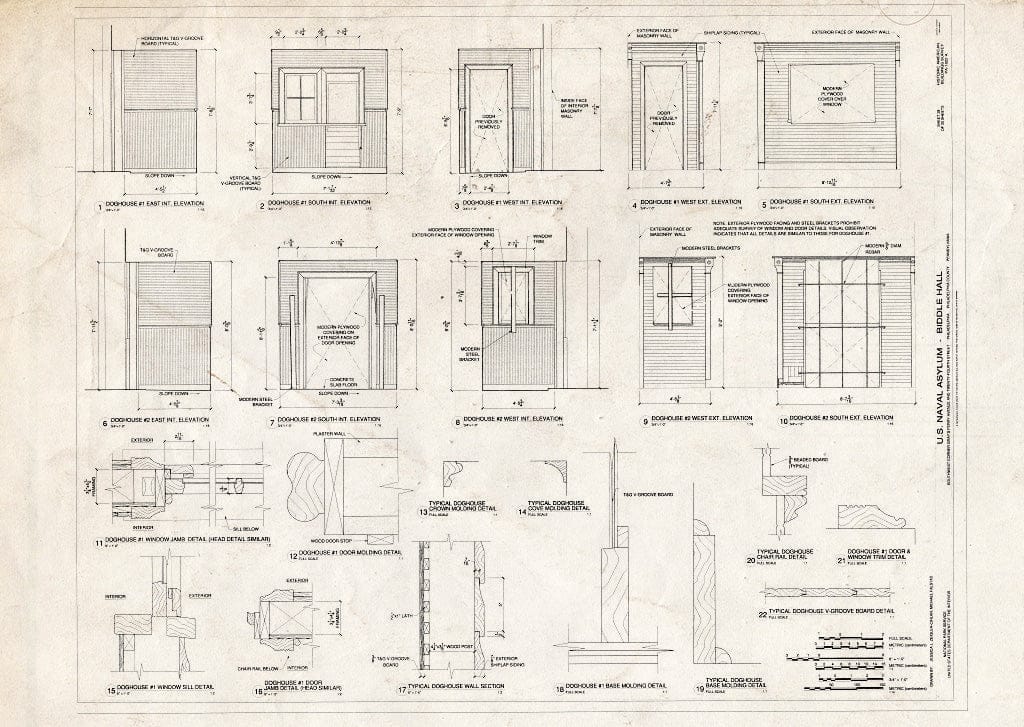 Blueprint Doghouse #1 and #2 Interior and Exterior Elevations and Details - U. S. Naval Asylum, Biddle Hall, Gray's Ferry Avenue, Philadelphia, Philadelphia County, PA